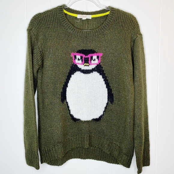 Rewind Sweaters - Rewind Olive Green Novelty Penguin Graphic Sweater